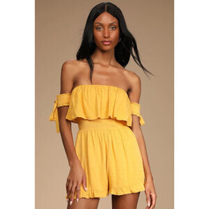 Lulus Be A Sweetie Marigold Yellow Swiss Dot Off-the-shoulder Romper - Size M